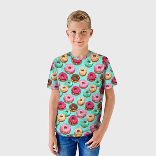 Детская футболка 3D Разноцветные пончики паттерн, цвет 3D печать - фото 3