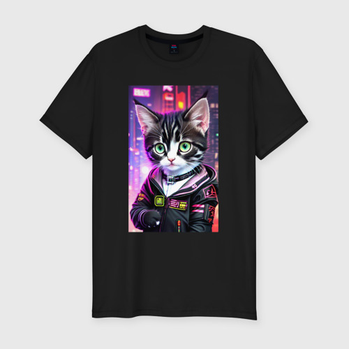 Мужская футболка хлопок Slim Глазастый городской котёнок, цвет черный