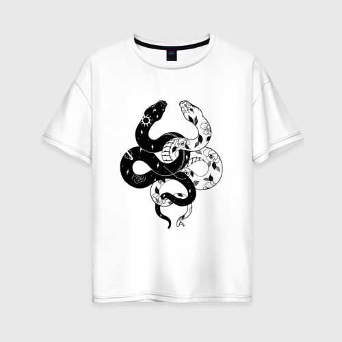 Женская футболка из хлопка оверсайз с принтом Змеи инь и янь - черное белое, вид спереди №1