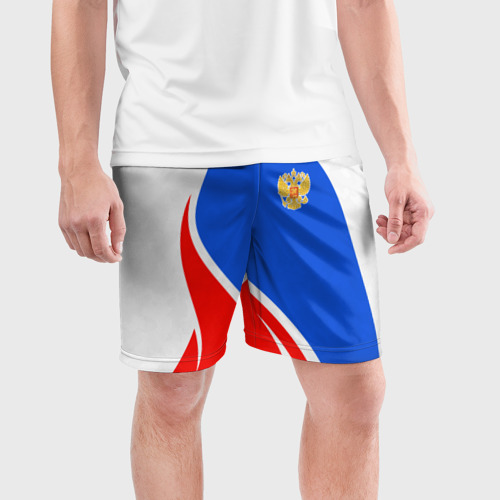 Мужские шорты спортивные с принтом Герб РФ - white sport, фото на моделе #1