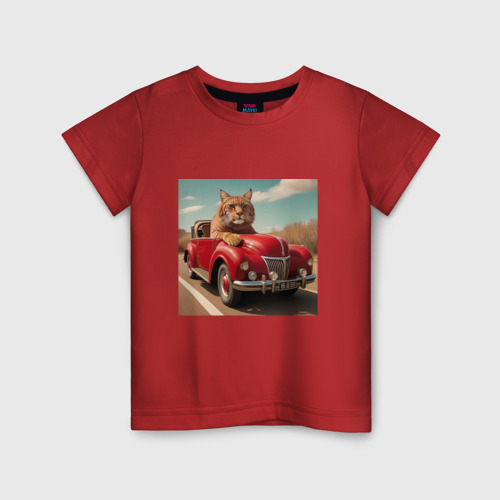 Детская футболка хлопок с принтом Большой кот автомобилист винтажная серия, вид спереди #2