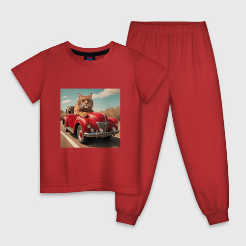 Детская пижама хлопок с принтом Большой кот автомобилист винтажная серия, вид спереди #2