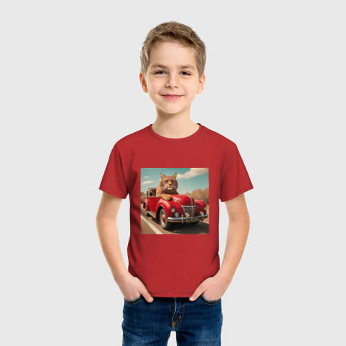 Детская футболка хлопок с принтом Большой кот автомобилист винтажная серия, фото на моделе #1