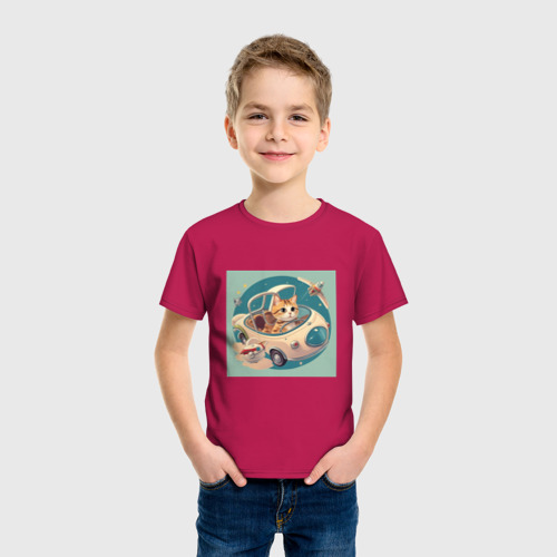 Детская футболка хлопок Милый котик в космосе, цвет маджента - фото 3