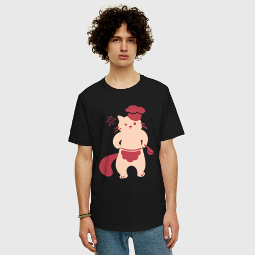 Мужская футболка хлопок Oversize с принтом Сердитый кот повар, фото на моделе #1