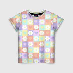 Детская футболка 3D Сердечки и цветочки в пастельных квадратах