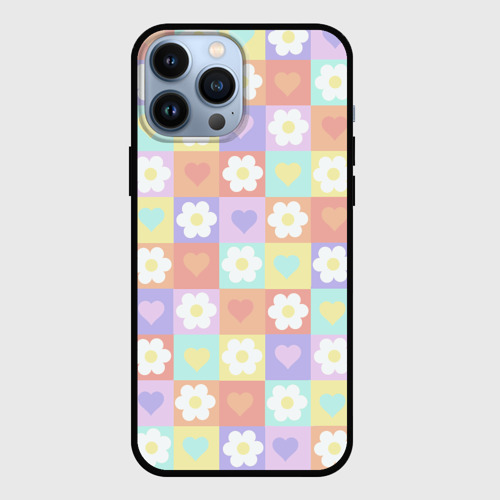 Чехол для iPhone 13 Pro Max с принтом Сердечки и цветочки в пастельных квадратах, вид спереди #2