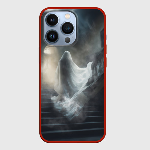 Чехол для iPhone 13 Pro с принтом Одинокий призрак в белом саване на лестнице, вид спереди #2
