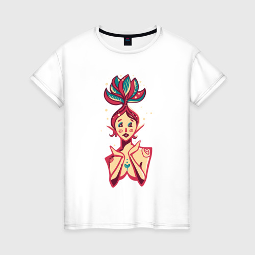 Женская футболка из хлопка с принтом Цветущая фея, вид спереди №1