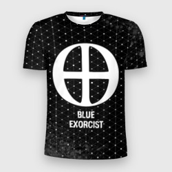 Мужская футболка 3D Slim Blue Exorcist glitch на темном фоне