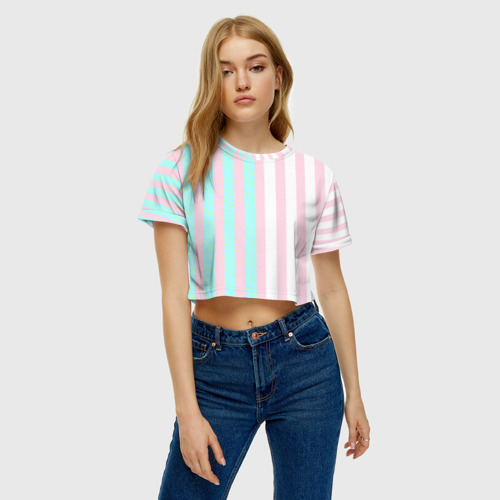 Женская футболка Crop-top 3D Полоска Барби и Кена - сплит: нежно-мытный и розовый, цвет 3D печать - фото 4