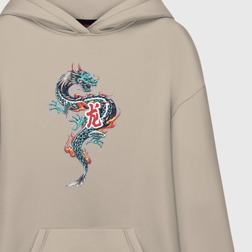 Худи SuperOversize хлопок Китайский дракон с иероглифами, цвет миндальный - фото 3