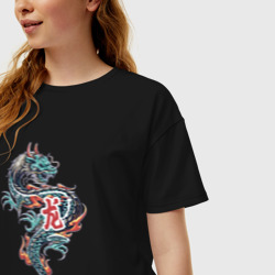 Женская футболка хлопок Oversize Китайский дракон с иероглифами - фото 2