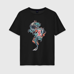 Женская футболка хлопок Oversize Китайский дракон с иероглифами