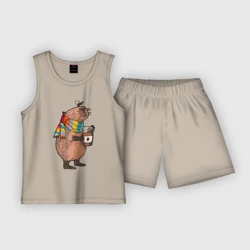 Детская пижама с шортами хлопок Милая капибара в теплом шарфике с кофе