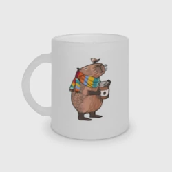 Кружка матовая стеклянная Милая капибара в теплом шарфике с кофе