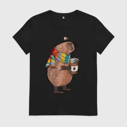 Женская футболка хлопок Милая капибара в теплом шарфике с кофе