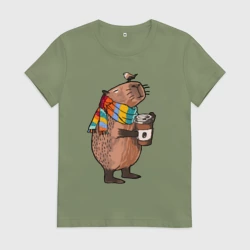 Женская футболка хлопок Милая капибара в теплом шарфике с кофе