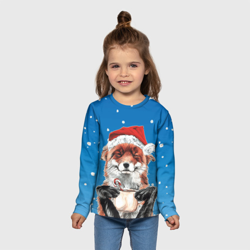 Детский лонгслив 3D с принтом Рождественский свитер с лисой, вид сбоку #3