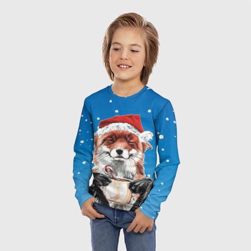Детский лонгслив 3D с принтом Рождественский свитер с лисой, фото на моделе #1