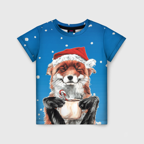 Детская футболка 3D с принтом Рождественский свитер с лисой, вид спереди #2