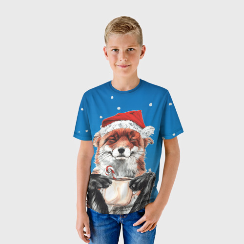 Детская футболка 3D с принтом Рождественский свитер с лисой, фото на моделе #1