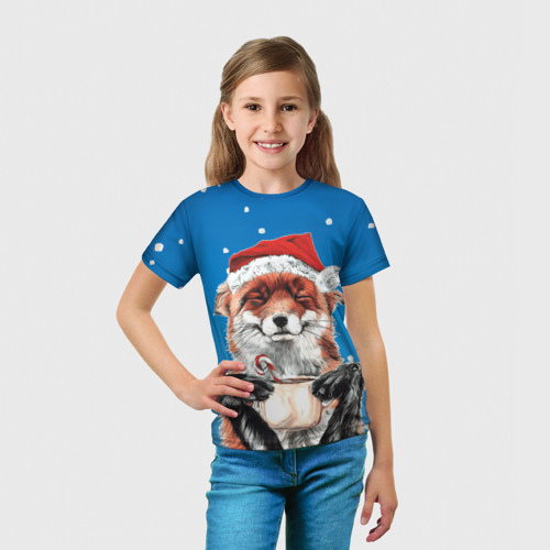 Детская футболка 3D с принтом Рождественский свитер с лисой, вид сбоку #3