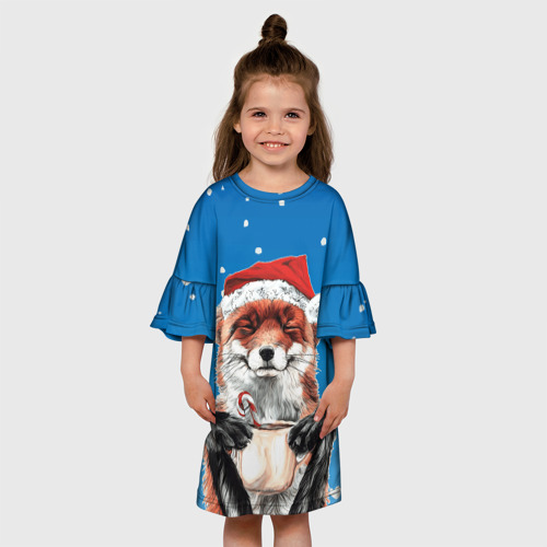 Детское платье 3D с принтом Рождественский свитер с лисой, вид сбоку #3