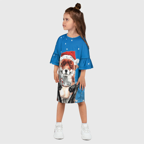 Детское платье 3D с принтом Рождественский свитер с лисой, фото на моделе #1