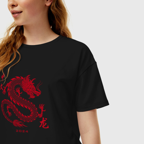 Женская футболка хлопок Oversize Chinese symbol of the year dragon, цвет черный - фото 3