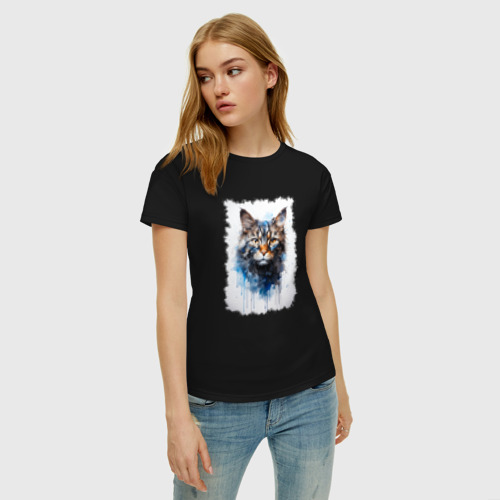 Женская футболка хлопок Морда кота акварель, цвет черный - фото 3