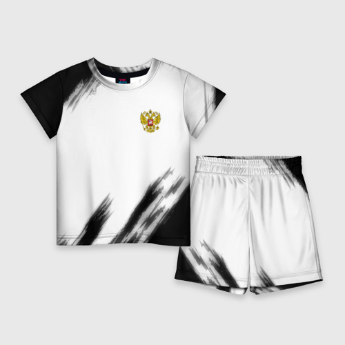 Детский костюм с шортами 3D Russia sport черно белый, цвет 3D печать