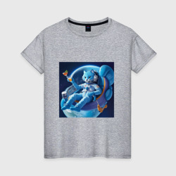 Женская футболка хлопок Голубой котик космонавт с коктейлем