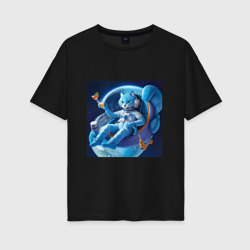 Женская футболка хлопок Oversize Голубой котик космонавт с коктейлем