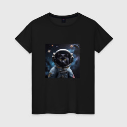 Женская футболка хлопок Черный котик космонавт