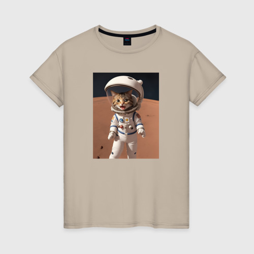 Женская футболка хлопок Котенок астронавт на луне, цвет миндальный