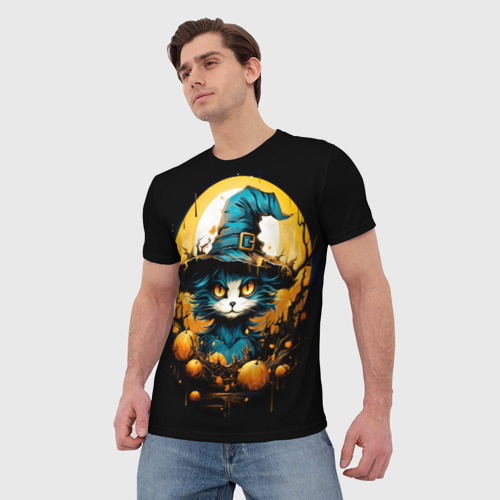 Мужская футболка 3D с принтом Синий кот колдун, фото на моделе #1