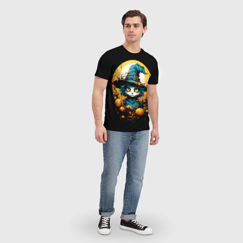 Мужская футболка 3D с принтом Синий кот колдун, вид сбоку #3