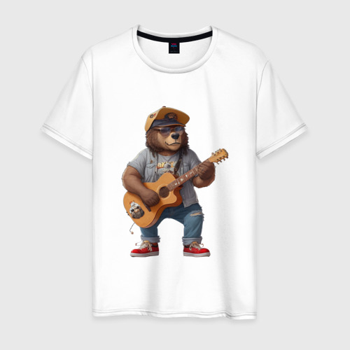 Мужская футболка из хлопка с принтом Брутальный медведь с гитарой, вид спереди №1