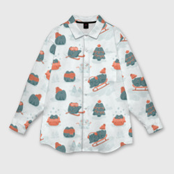 Мужская рубашка oversize 3D Зимние веселые лягушки на санках паттерн