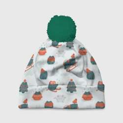 Шапка 3D c помпоном Зимние веселые лягушки на санках паттерн
