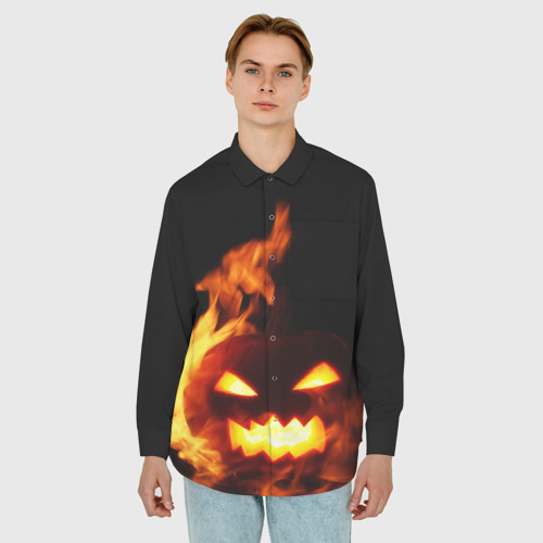 Мужская рубашка oversize 3D с принтом Тыква в огне, фото на моделе #1