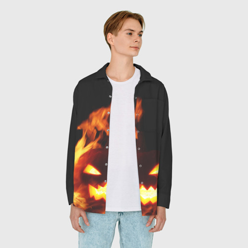 Мужская рубашка oversize 3D с принтом Тыква в огне, вид сбоку #3