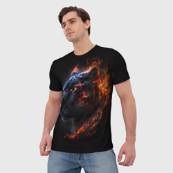 Мужская футболка 3D Чёрный ягур  из огня  - фото 2
