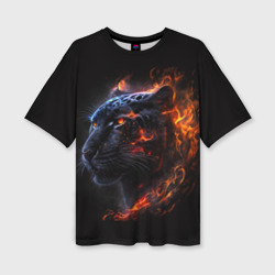 Женская футболка oversize 3D Чёрный ягур  из огня 