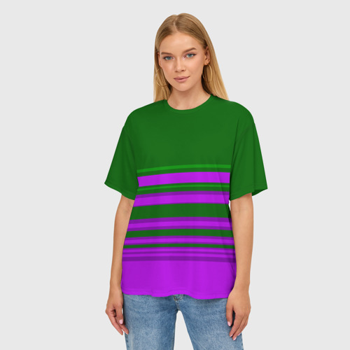 Женская футболка oversize 3D Зелено-фиолетовый узор в полоску, цвет 3D печать - фото 3