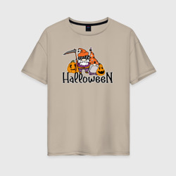 Женская футболка хлопок Oversize Halloween  гномы с косой  и тыквой