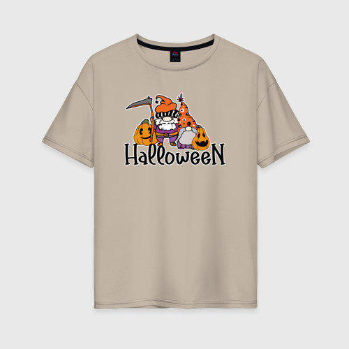 Женская футболка хлопок Oversize Halloween  гномы с косой  и тыквой, цвет миндальный