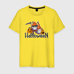 Мужская футболка хлопок Halloween  гномы с косой  и тыквой