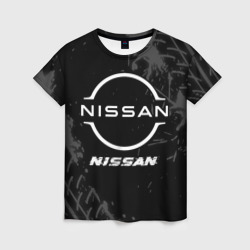 Женская футболка 3D Nissan speed на темном фоне со следами шин